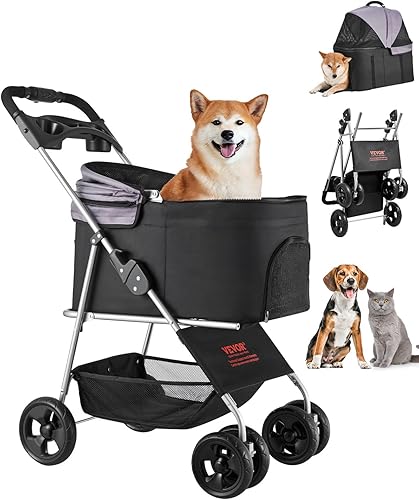 Miniatura 14 de VEVOR Carriola para mascotas, capacidad de peso de 35 libras, carrito de perro plegable, carritos para gatos de 3 ruedas con ventanas de malla y