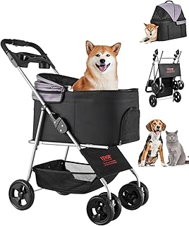 VEVOR Cochecito para Mascotas Capacidad de 16 kg Carrito Plegable para Perros de 4 Ruedas con Portabebés Desmontable Ventana de Malla Tela Oxford 600D con Freno para Mascotas Pequeñas Medianas