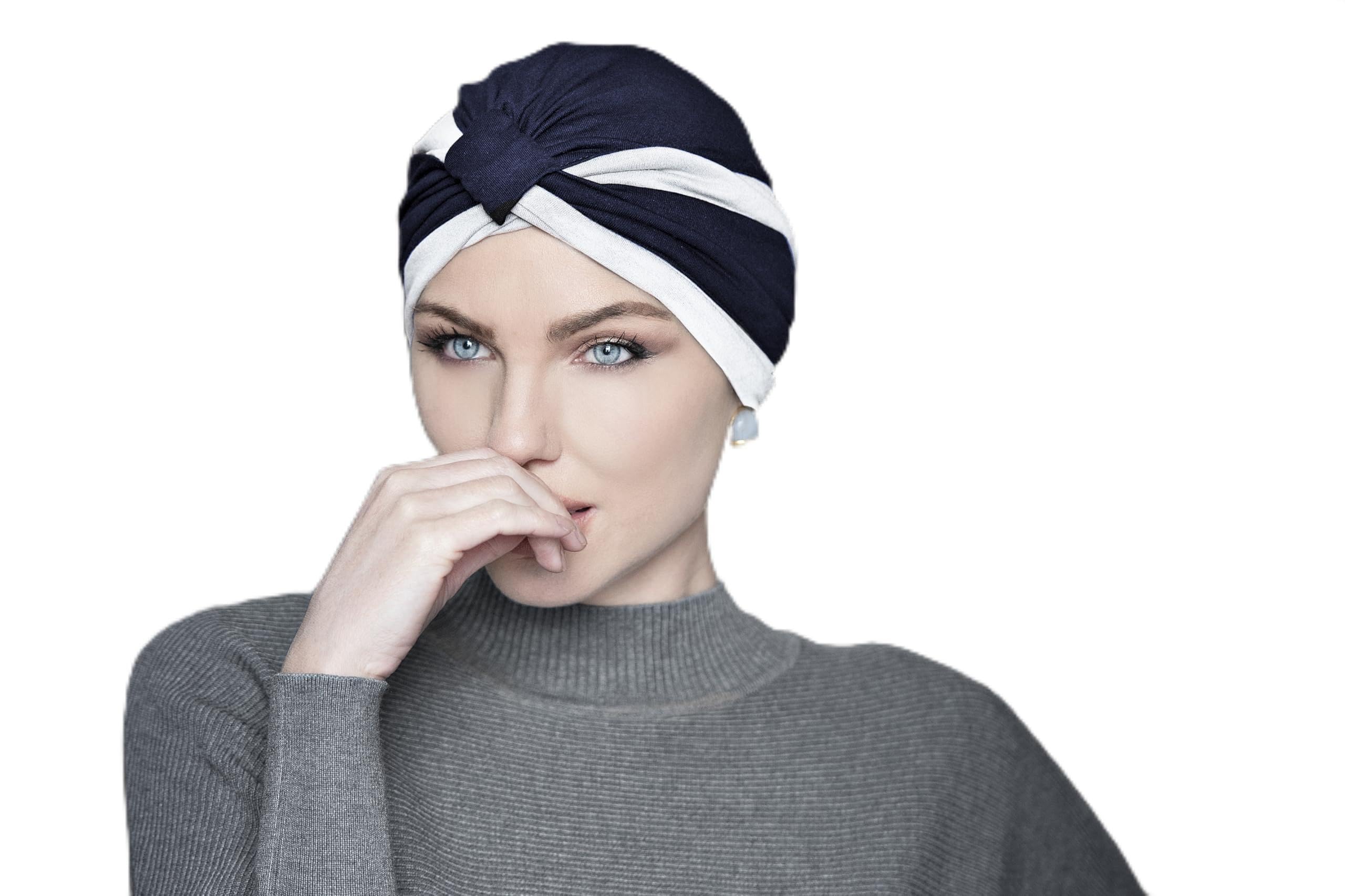Masumi Women's Navy And White Cotton Cap For Hairloss, Chemo Headwear For Cancer Headwear For With Alopecia Hairloss Chemotherapy Turban Hat Amelia (Navy And White)