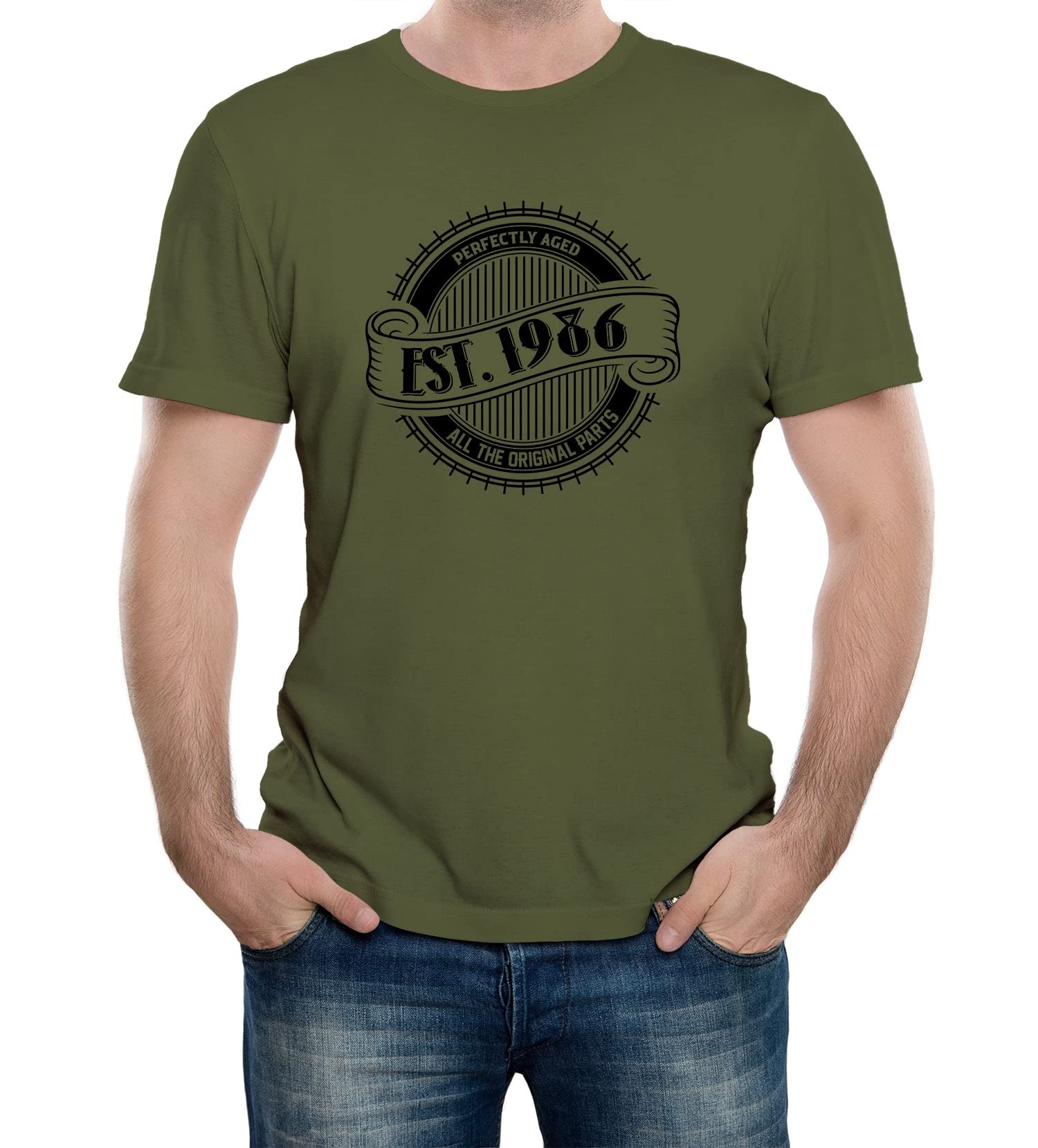 Reality Glitch Men's Military Green Est. 1986 Birthday Celebration T-Shirt