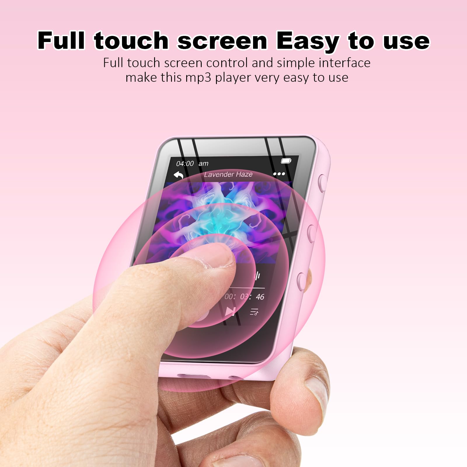 Reproductor de música MP3 con Bluetooth, almacenamiento de 32 GB, pantalla táctil completa, altavoz integrado, radio FM y grabadora de voz, ranura MicroSD (ampliable a 128 GB), incluye auriculares