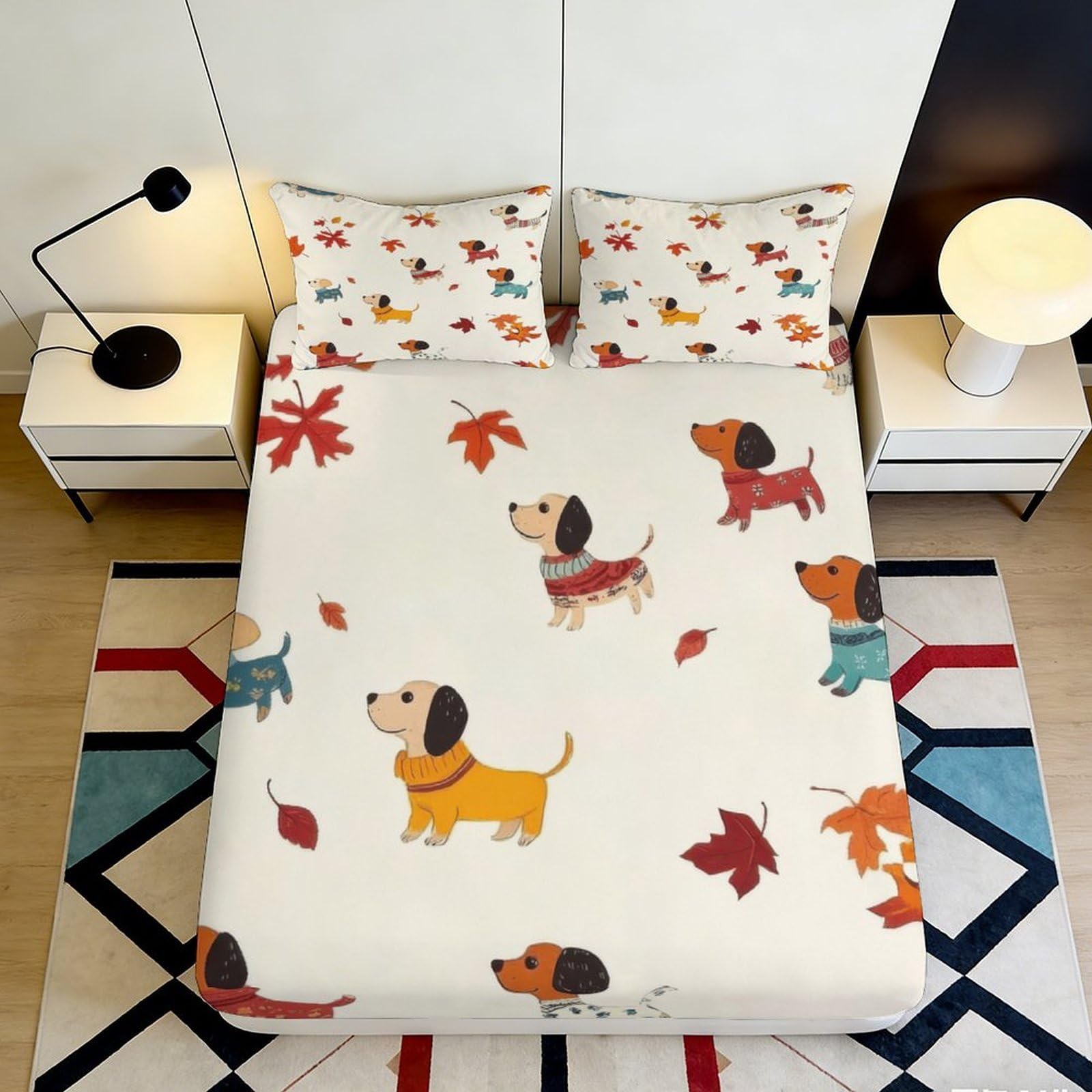 3D Printed Dachshund Dog Fitted Sheet Microfiber Soft Autumn Leaves Bed Cover for Bedroom Guest Room Decor 90x200x25cm