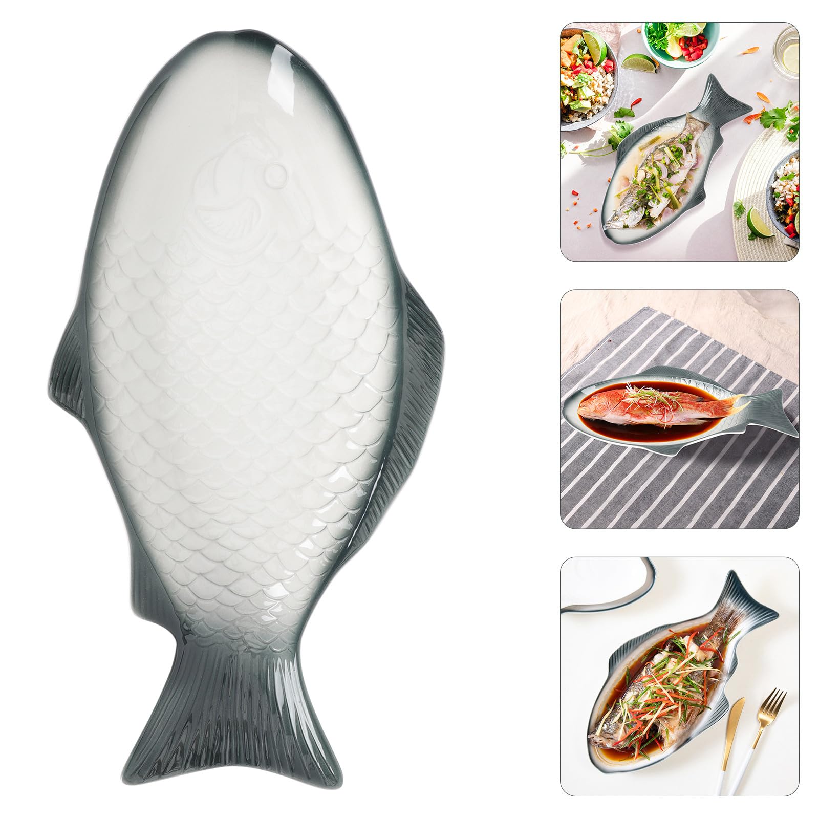 VANZACK Bandeja de Pescado Delicada de Cerámica Forma de Pez para Servir y Cocinar al Vapor, Adecuado Hogar y Decoración de Mesa Festiva