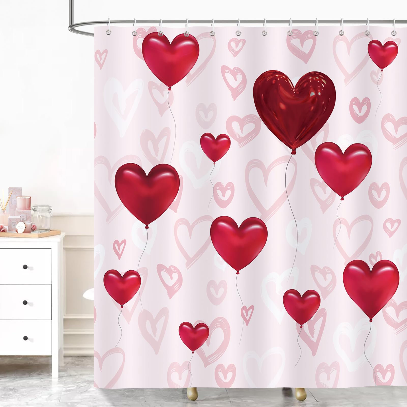 Maxpeuvon Valentine's Shower Curtain Romantic Love Heart Tree Shower Curtain Pink Bathroom Decor Happy Valentine's Day Red Shower Curtain Set With Hooks 72x72 Inch Waterproof Durable