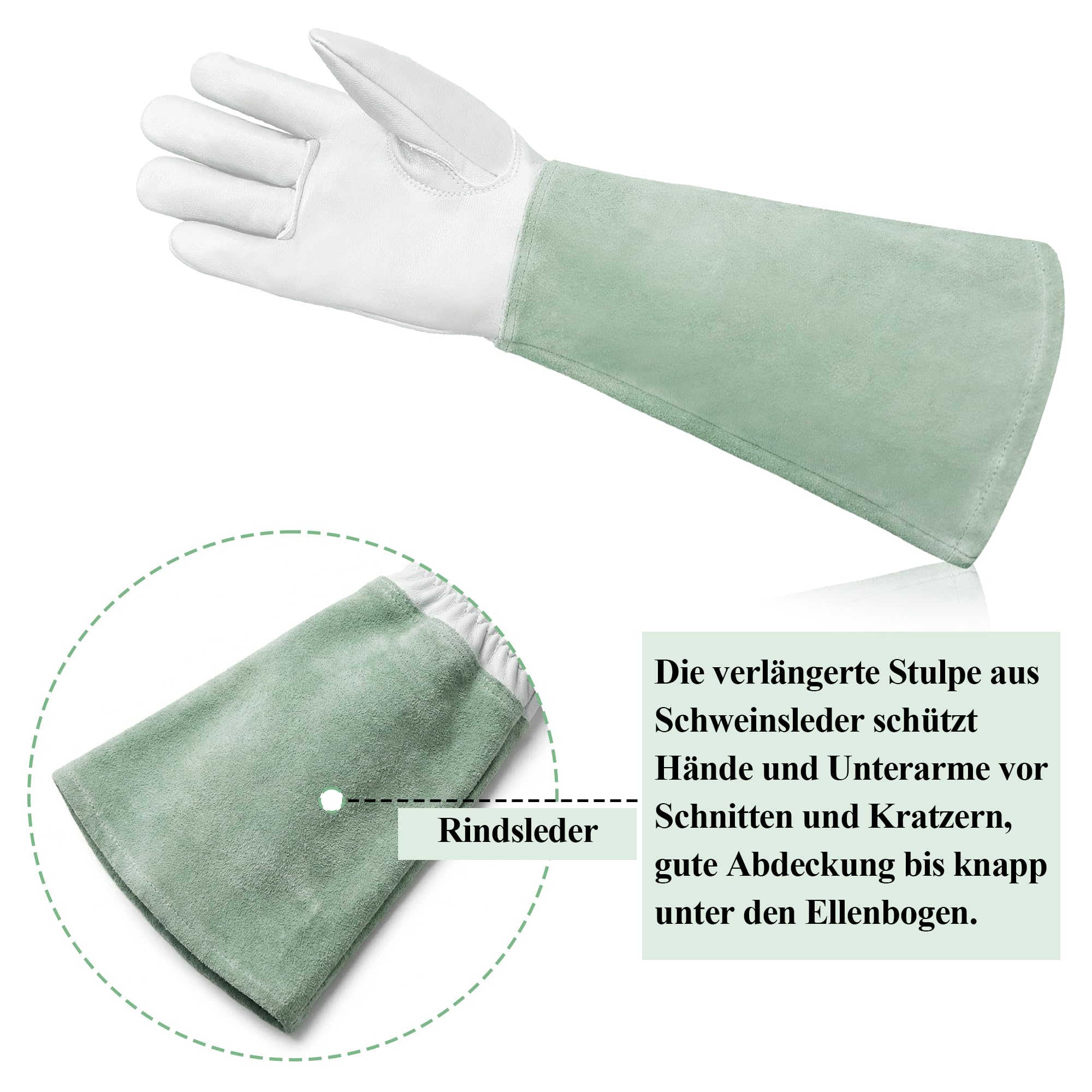 Guantes de jardinería de cuero, resistentes a las espinas, guantes largos de rosas con palma de piel de cabra y puño de piel de vacuno para jardín, rosas, arbustos y árboles frutales (blanco