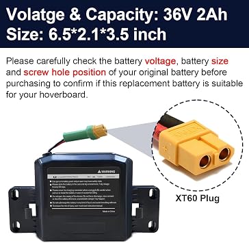 36V Hoverboard Battery Replacement 36V 2Ah Hoverboard Replacement Battery Rechargeable Li-ion Battery Pack for Case Compatible with Jetson Hoverboards, Size: 6.5 * 3.2 * 1.8 inch, 72Wh