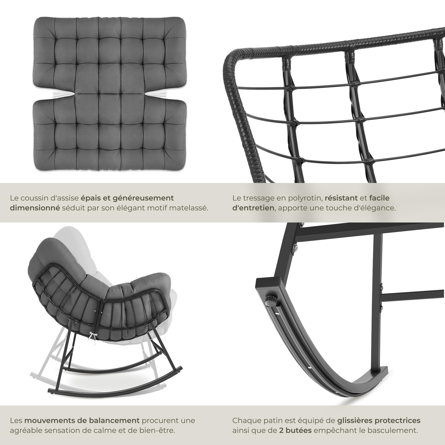 tectake® Fauteuil à Bascule 93x99.5x89 cm, Rembourrage épais avec Motif matelassé, Résistant aux intempéries, Max. 120kg, Structure en Acier, Assise en rotin tressé, Rocking Chair - Gris Anthracite
