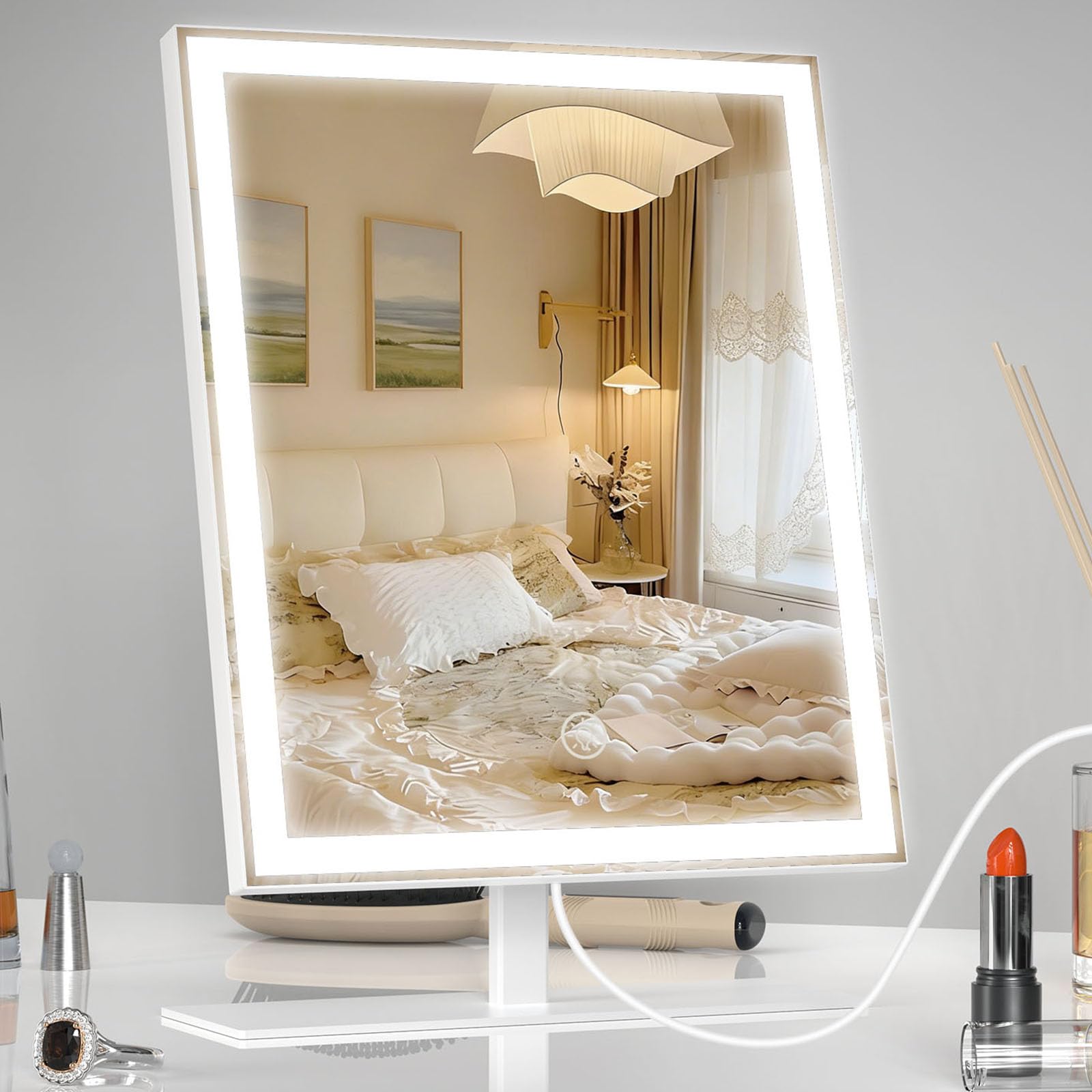 ANTENLICHT Miroir Coiffeuse LED avec Grossissement 10X, Miroir de Maquillage 3 Couleurs, Mirroir Maquilleur Lumineux à Intensité Variable, Miroir de Maquillage de Table Moderne, Blanc