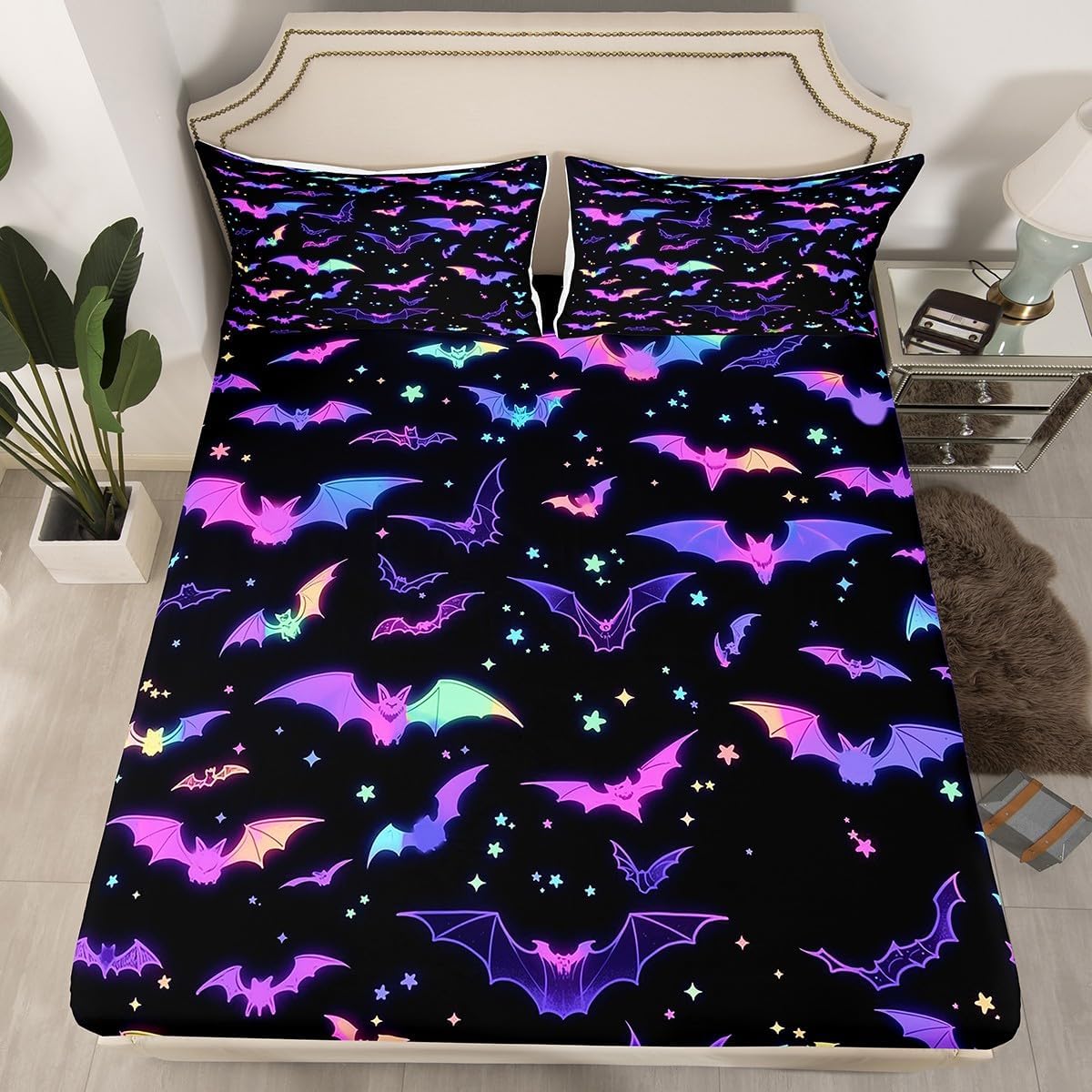 Erosebridal Adults Green Halloween Bed Sheets Full Gothic Bats Pumpkin Fitted Sheet for Men,Retro Black Victorian Baroque Damask Bedding Sheets Goth Trees Castle Sheets 3 Pcs