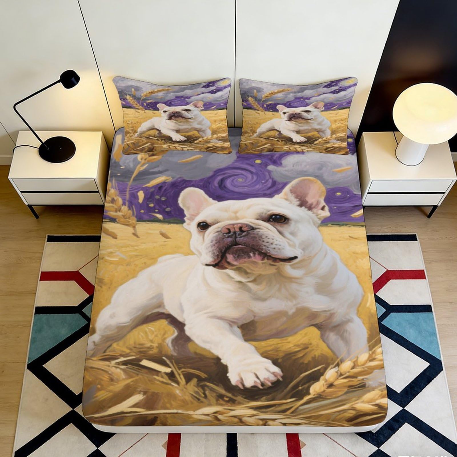 Uynsixtme Style-1 3D Printed French Bulldog Fitted Sheet Microfiber Deep Pocket Non-Slip Bedroom French Bulldog Mattress Fitted Cover Washable For Home 90X200x25cm