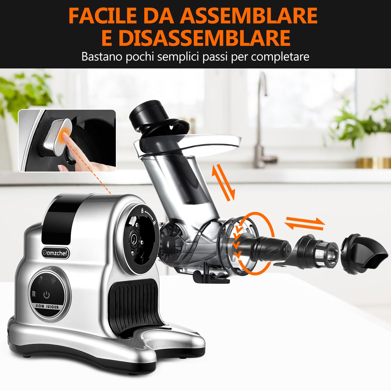 AMZCHEF Estrattore Frutta e Verdura - 80MM Grande Apertura per Frutta Intera - Estrattore Frutta e Verdura Professionale con Modalità a 2 Velocità e Funzione Inversa - Argento