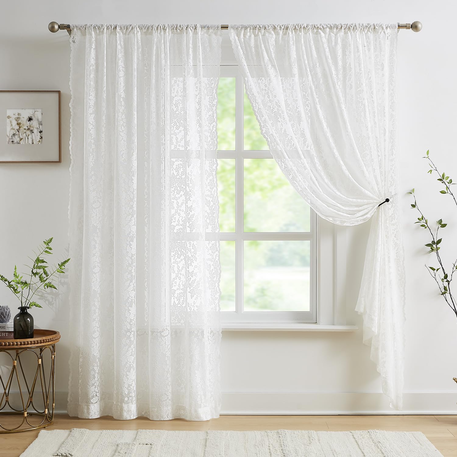 Abstractex White Lace Net Sheer Curtains 90 Inches Long Floral Leaf Knitted Vintage Light Filtering Embroidery Elegant Window Treatment for Girls Bedroom Living Room, Rod Pocket 58" W 2 Panels