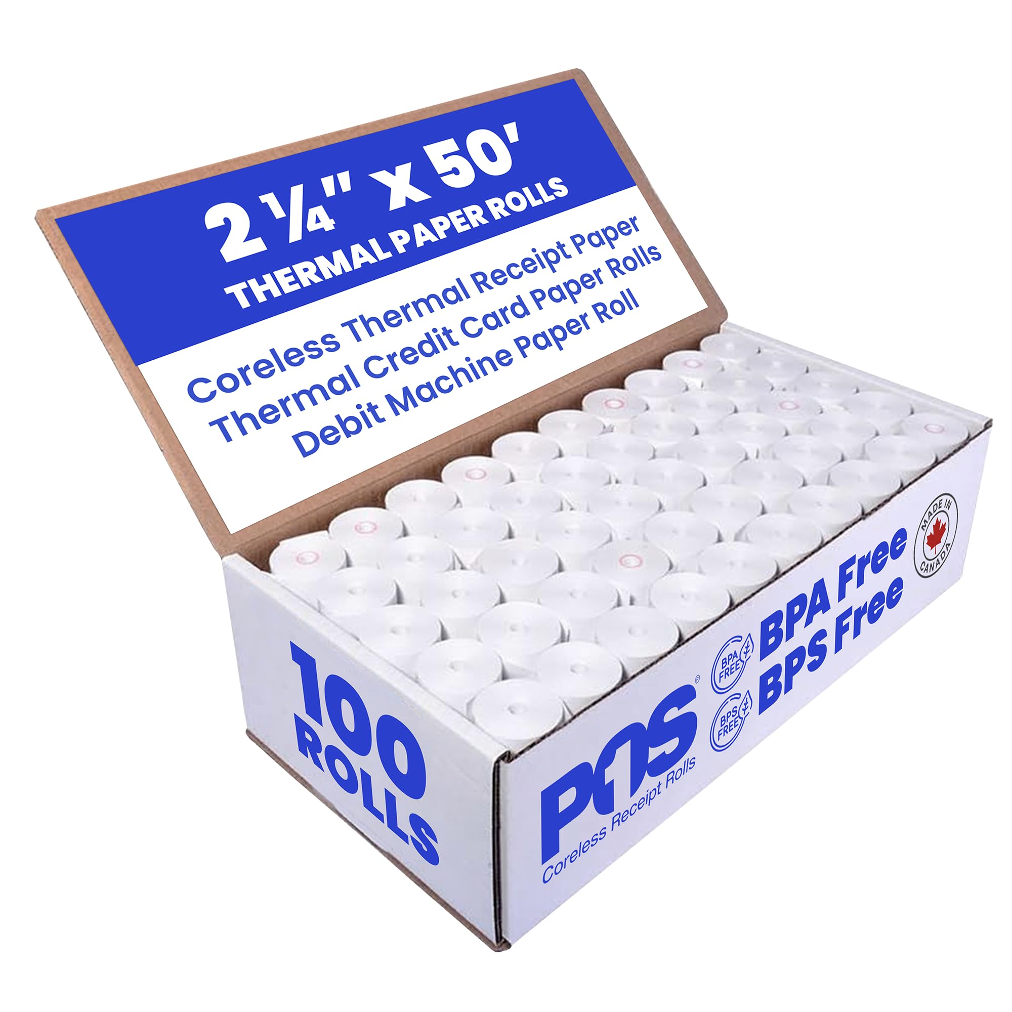 POS1 2 1/4 x 50 feet x 100 rolls CORELESS BPA Free Thermal Paper Rolls for Handheld Thermal Receipt Paper Printers. 30mm diameter