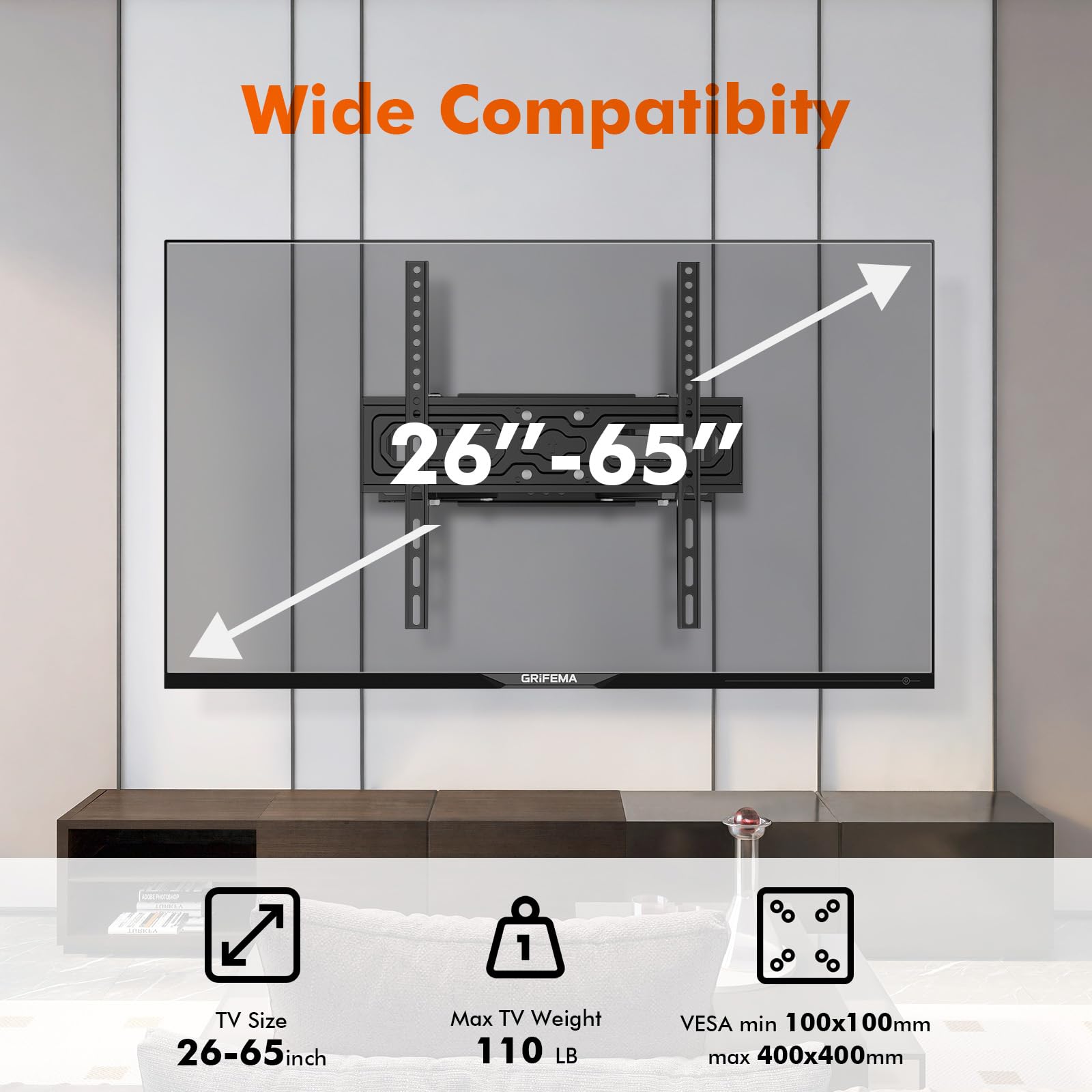 GRIFEMA GB1006-4 Support Mural TV 26-65 Pouces, Fixation Murale TV Contenir Jusqu'à 35KG, Accroche Television Mural Orientable,Inclinable et Extensible, Max Vesa 400x400mm pour Plat/Incurvé