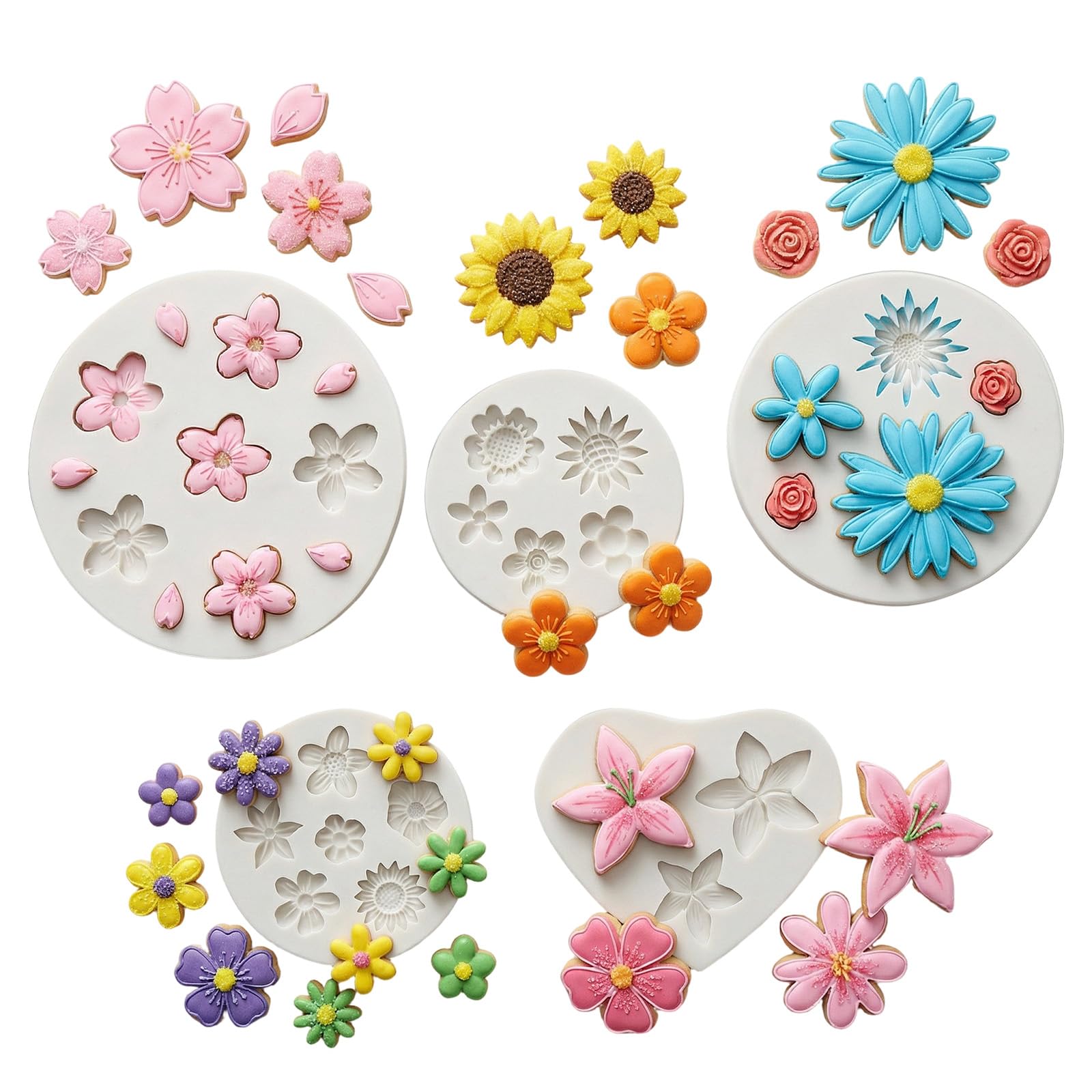 5 Pcs Silicone Flower Molds Set, Flower Chocolate Mold for Baking and Cake Cupcake Decorating, Polymer Clay Molds & Fondant Mold for Cake Decorating, DIY Crafts, Soap