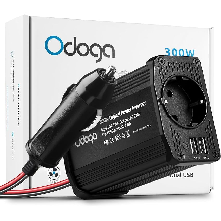 Immagine del prodotto Odoga Inverter 12v 220v Auto, 300W Convertitore – Adattatore Presa Auto a Presa Elettrica – Trasformatore per Auto & Camper Con Doppia Porta di Carica USB