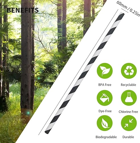 Miniatura 5 de Pajitas de papel a rayas blancas y negras, 100% biodegradables y compostables pajitas de beber a rayas negras para suministros de fiesta,