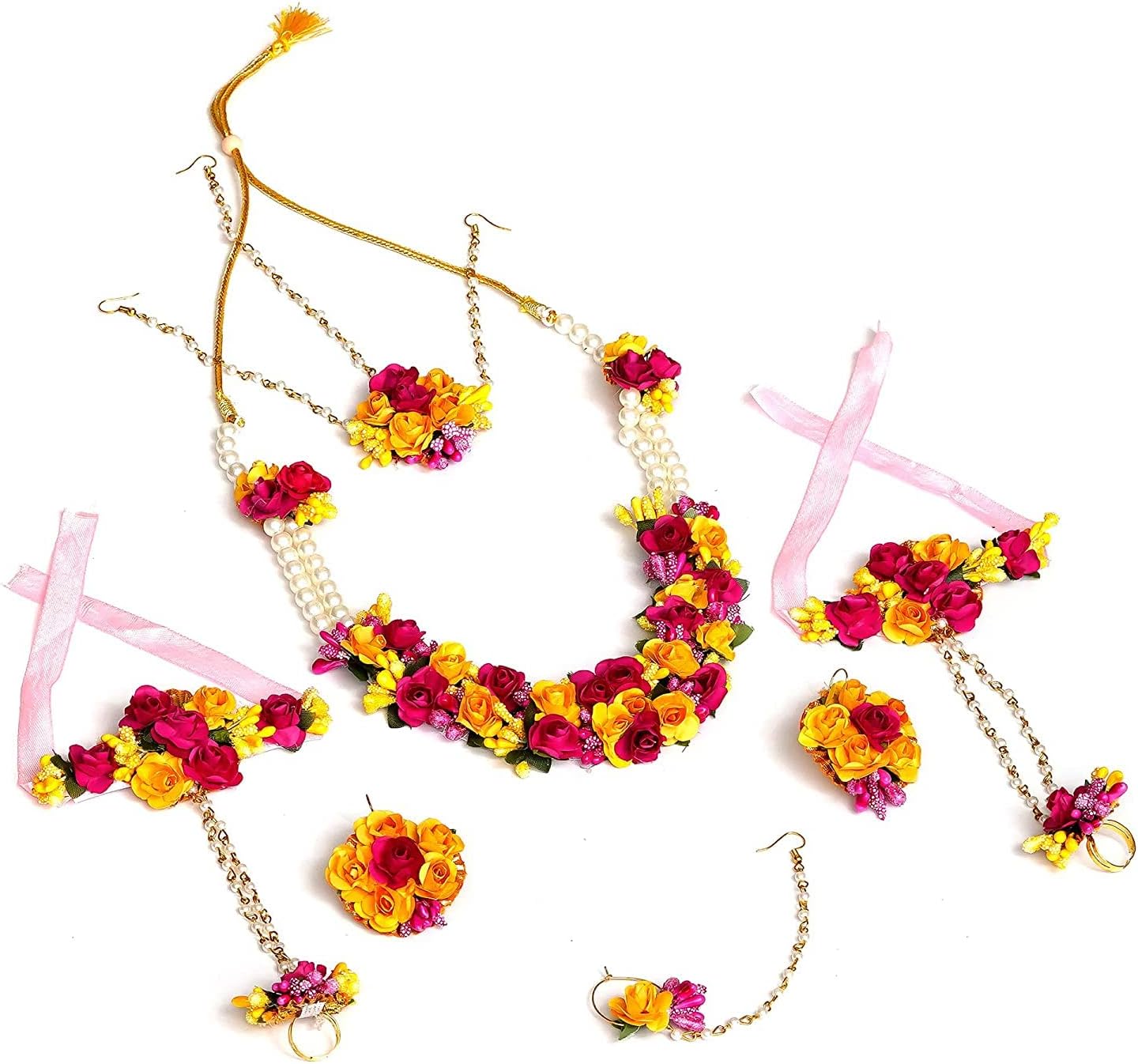 Fabric & Paper Flower Jewellery Set for Women & Girls for haldi/Mehandi/Engagement/Wedding/Marriage(Nazz Yellow Pink)