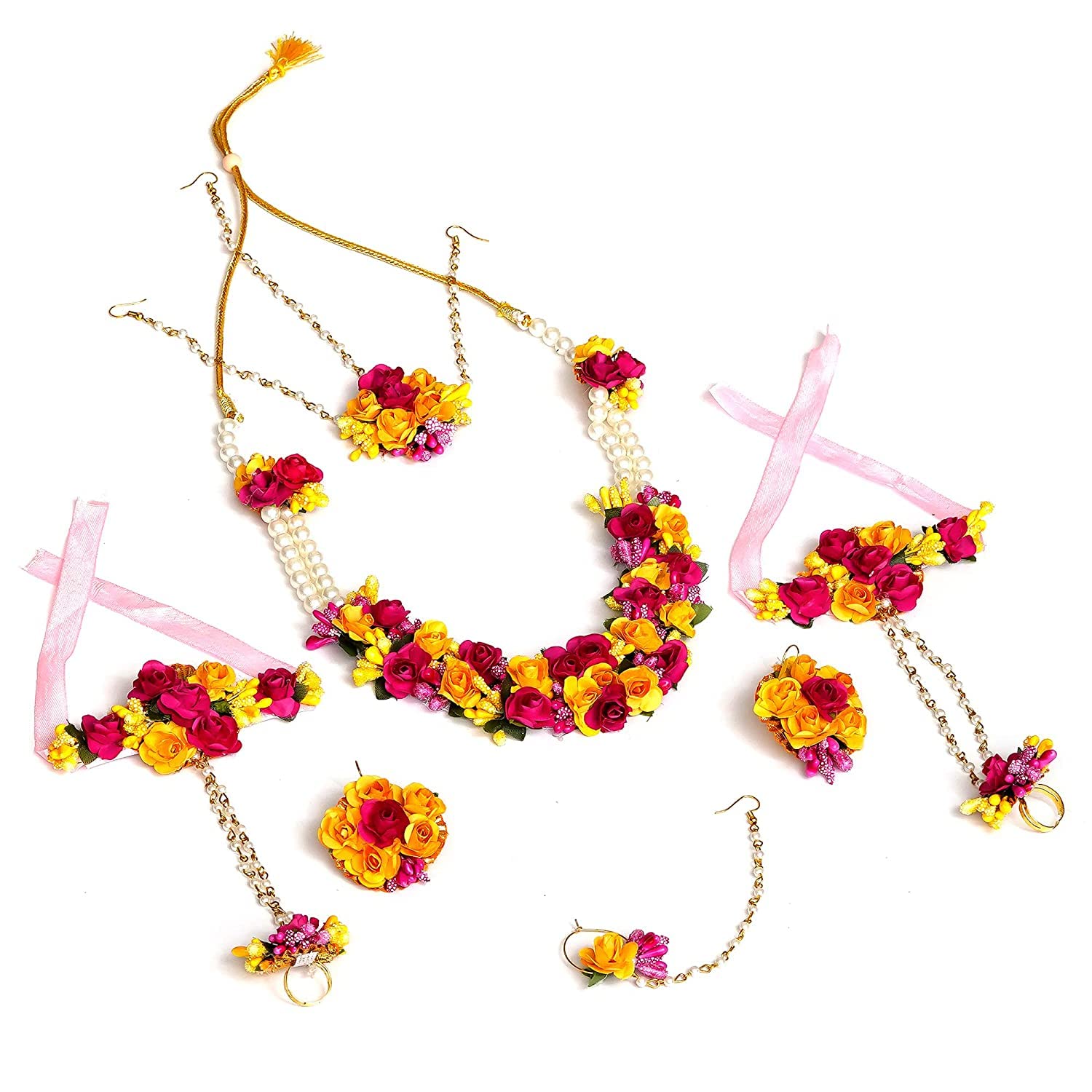 Fabric & Paper Flower Jewellery Set for Women & Girls for haldi/Mehandi/Engagement/Wedding/Marriage(Nazz Yellow Pink) Fabric & Paper Flower Jewellery Set for Women & Girls for haldi/Mehandi/Engagement/Wedding/Marriage(Nazz Yellow Pink)