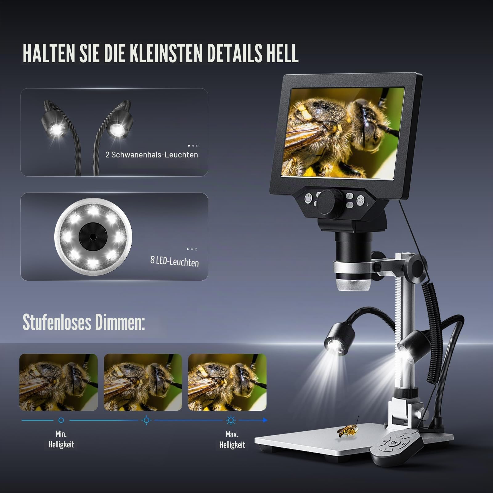 7 Zoll Digital Mikroskop, 1200X Vergrößerung 12MP 1080P Aufnahme mit 8 Verstellbaren LED Leuchten, IPS Bildschirm, PC Verbindung für Lötarbeiten, Wissenschaft, Kompatibel mit Windows