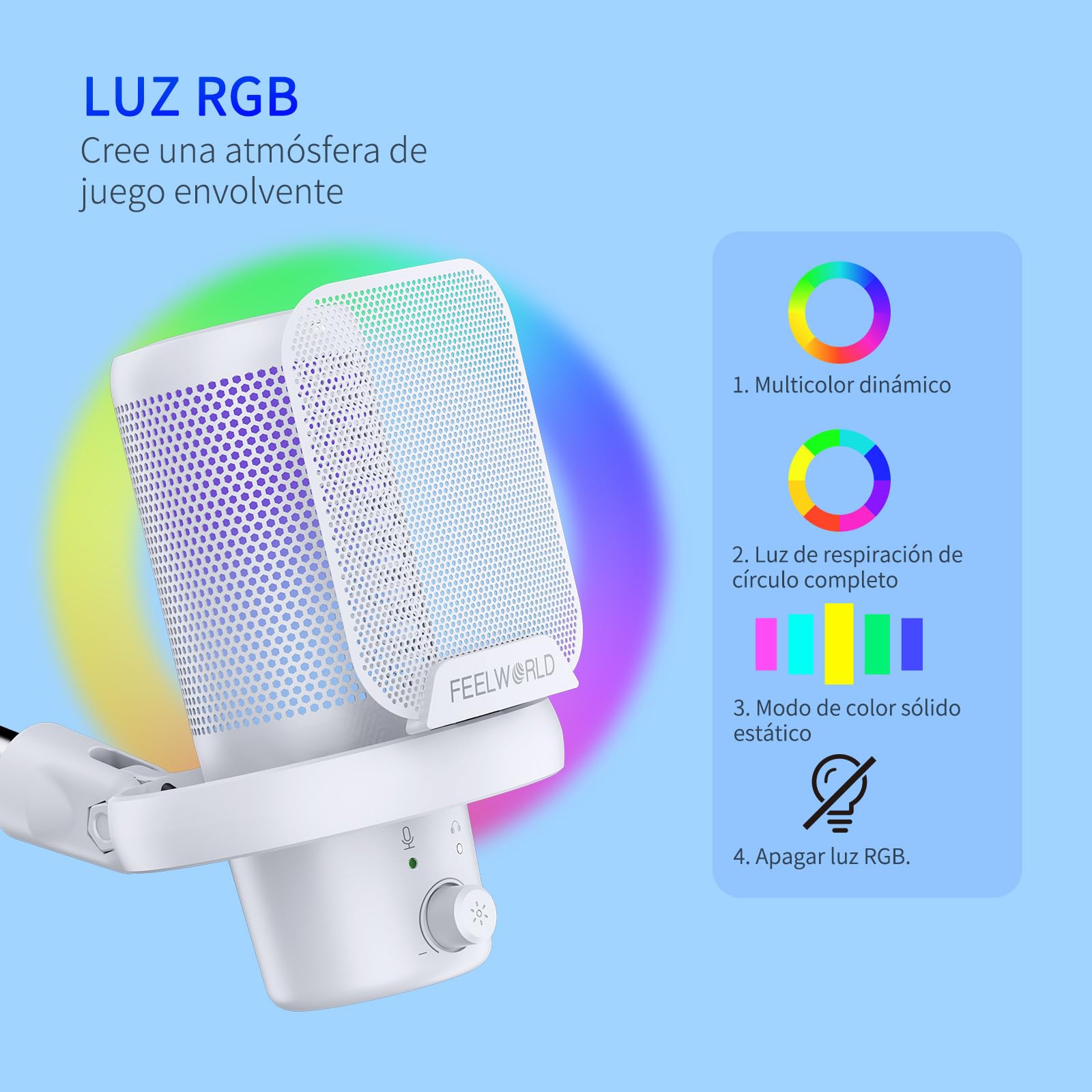 Feelworld VM1 Blanco Gaming PC USB Micrófono Condensador con Cancelación de Ruido Mute Luz RGB, Accesorios de Ordenador para Gamer Youtube Twitch Podcast Streaming Grabación Online Chat PS4 PS5