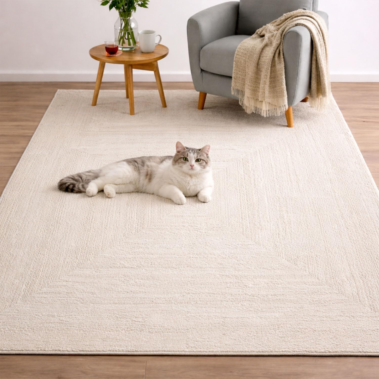 VIMODA Teppich Wohnzimmer Schlafzimmer Modern Hoch&Tief Bordüre Qualitativ 3D Effekt,Farbe:Creme;Maße:200x290 cm