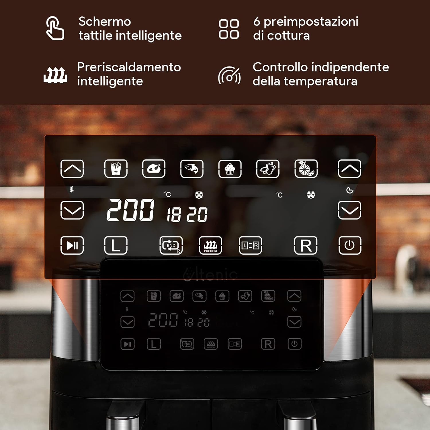 Ultenic K20 Friggitrice ad Aria Senza Olio a Doppio Cestello con 6 Programmi, 7.6 L, 2850W, Antiaderente, Menù Italiano Online, Preriscaldamento, Display Touch a LED