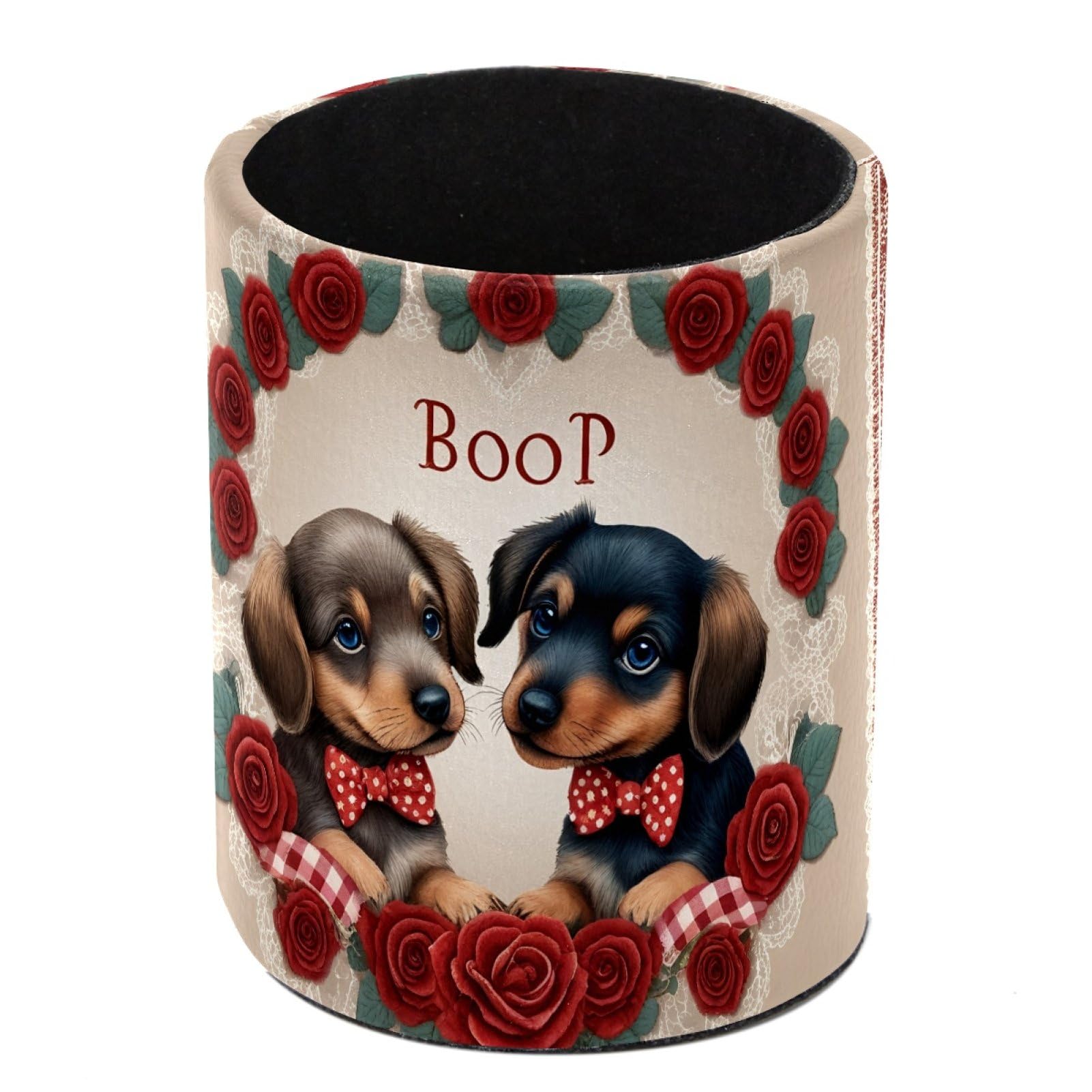HEOEH Dachshund Couple Pen Holder for Desk, PU Leather Pencil Holder Pen Cup Marker Holder Makeup Brush Holders, Desk Accessories & Workspace Organizers for Home, Office
