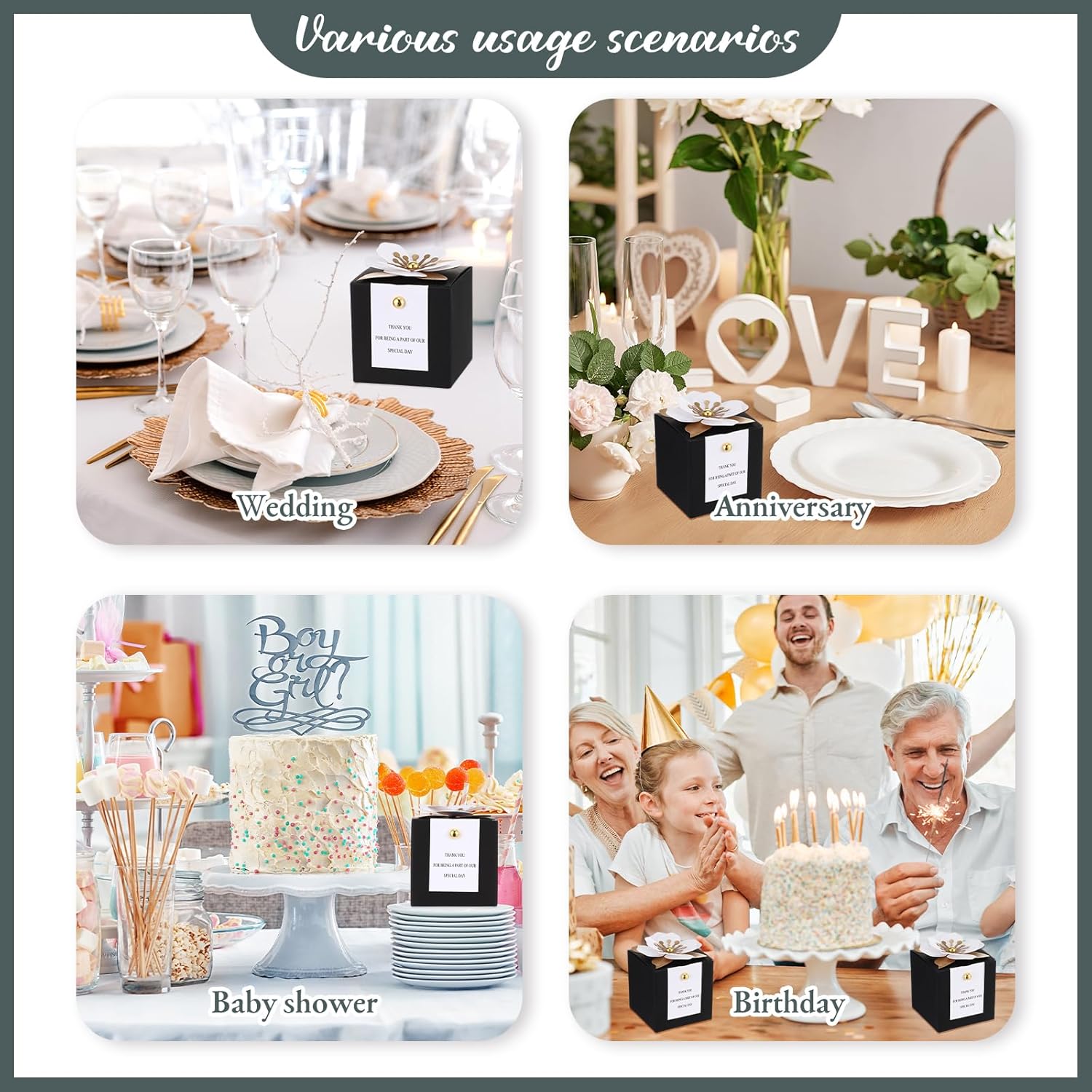 Affrolling 50 Pcs Wedding Favor Boxes with Thanks Card Square Flower Candy Boxes Paper Bridal Gift Box for Guests Wedding Bridal Shower Birthday Party Anniversary(Black) - Image 7
