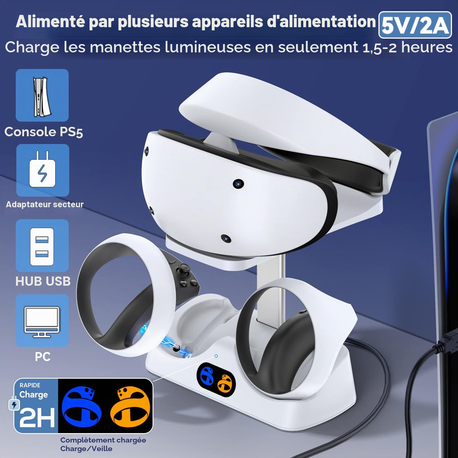 Tokluck Chargeur PSVR 2, Base de Chargeur Rapide 2H avec Support de PlayStation VR2, Station de Charge, Connecteur Magnétique et Câble de Type C, Accessoires