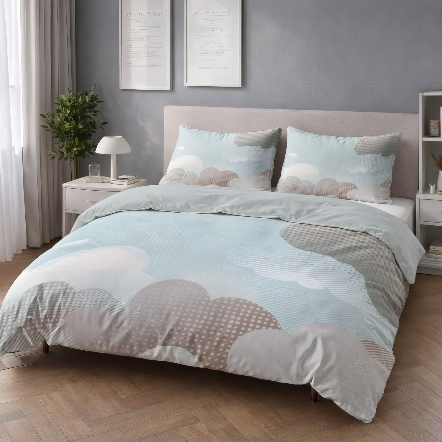 Generic Zestaw poszewek na kołdrę vintage gradient chmury podwójne 200 cm x 200 cm, niebiesko-szary, minimalistyczny zestaw pościeli 3-częściowy, miękka poszewka na kołdrę z mikrofibry dla dzieci