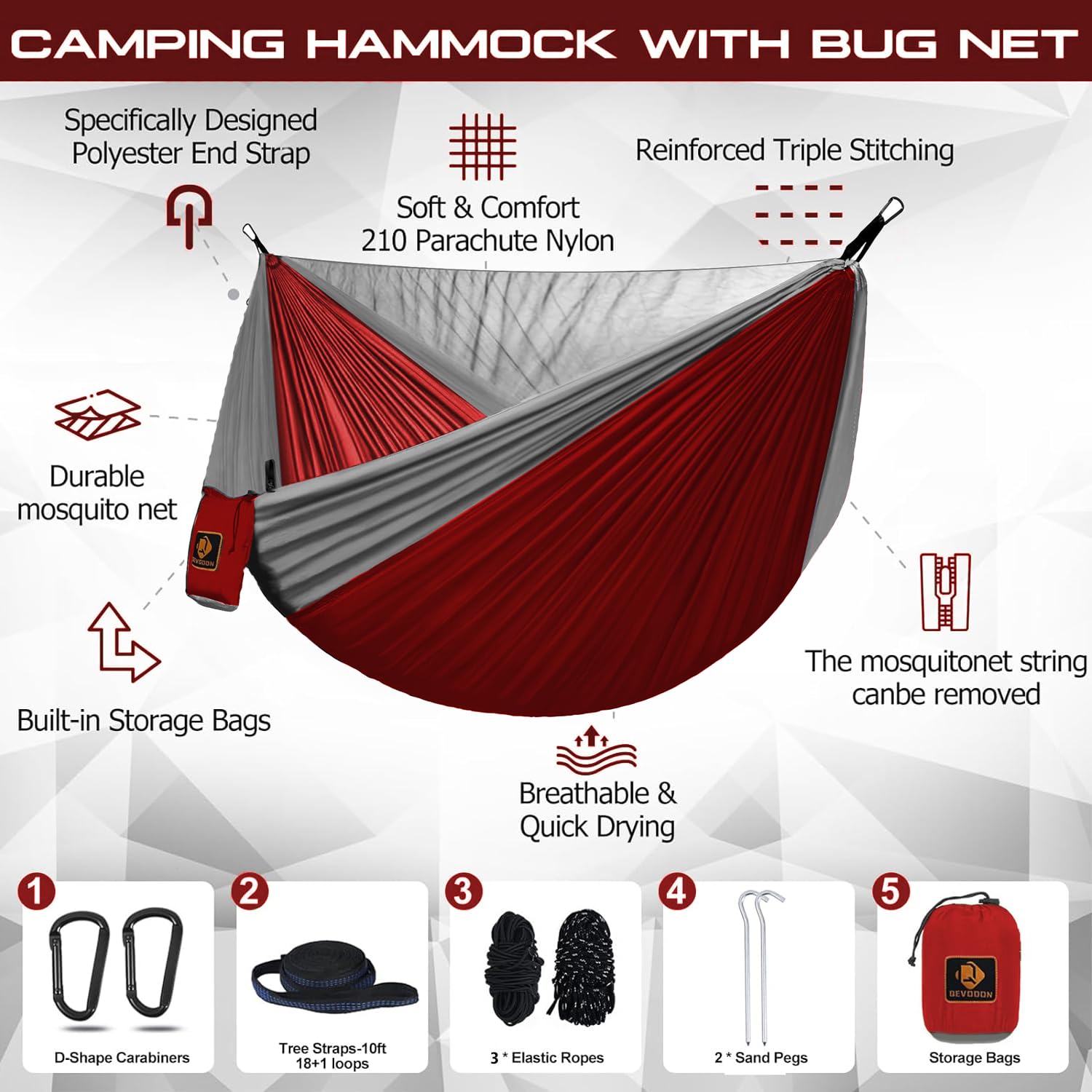 Amaca da campeggio, portatile con zanzariera, in nylon leggero, con cinghie per alberi da 3 m, attrezzatura da campeggio indispensabile per viaggi, escursioni, viaggi zaino in spalla, spiaggia, patio