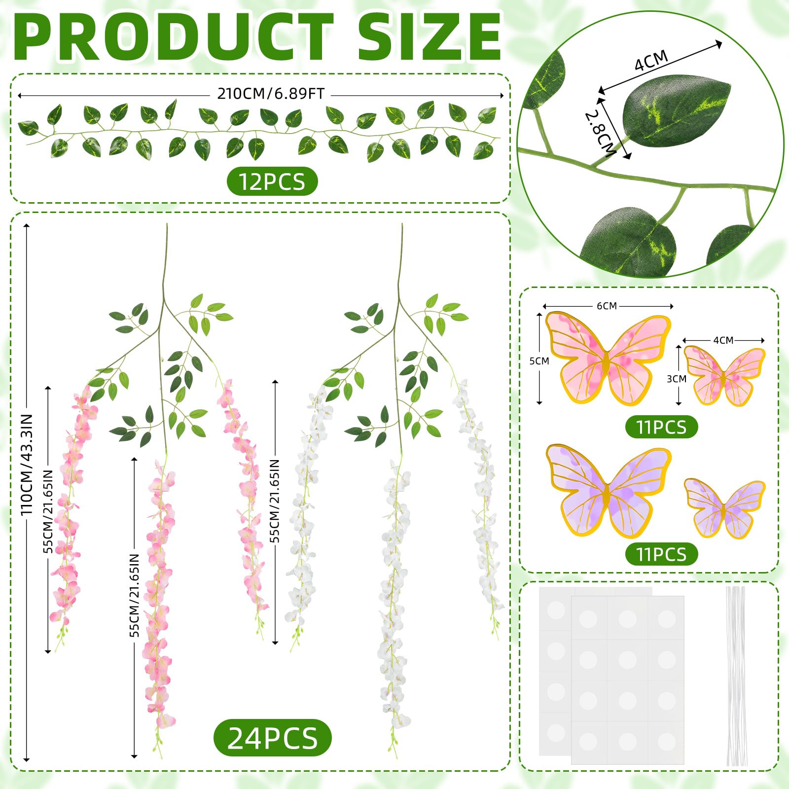 Canlierr 58 Pcs Fairy Party Garland Decoration Artificial Wisteria Hanging Flowers Garland 3.6 Feet Vine Rattan Ivy Greenery Butterfly Decor for Spring Home Garden Wedding Party(Pink, White)