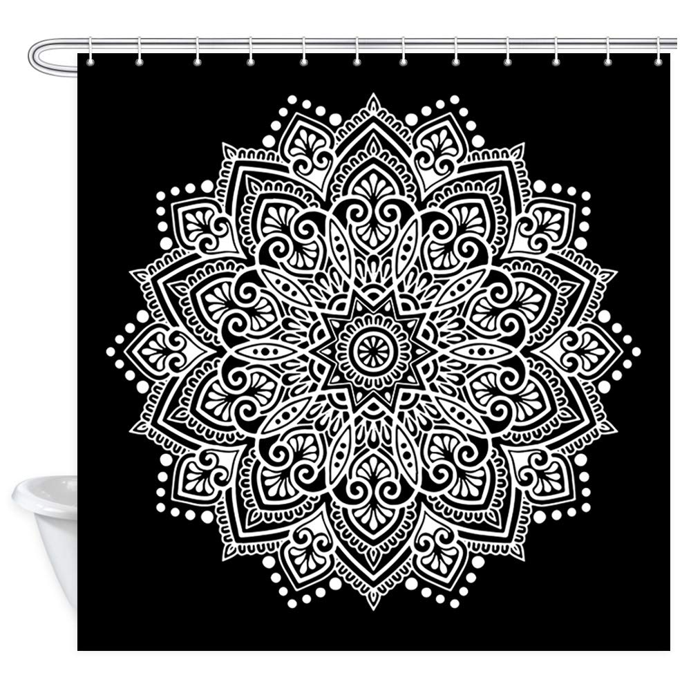 Black and White Mandala Shower Curtain, Boho Ethnic Retro Bohemian Mandala Flower Art Print Bath Curtain for Bathroom, Black Polyester Waterproof Fabric Bathroom Decor Set with Hooks, 69x70 Inches