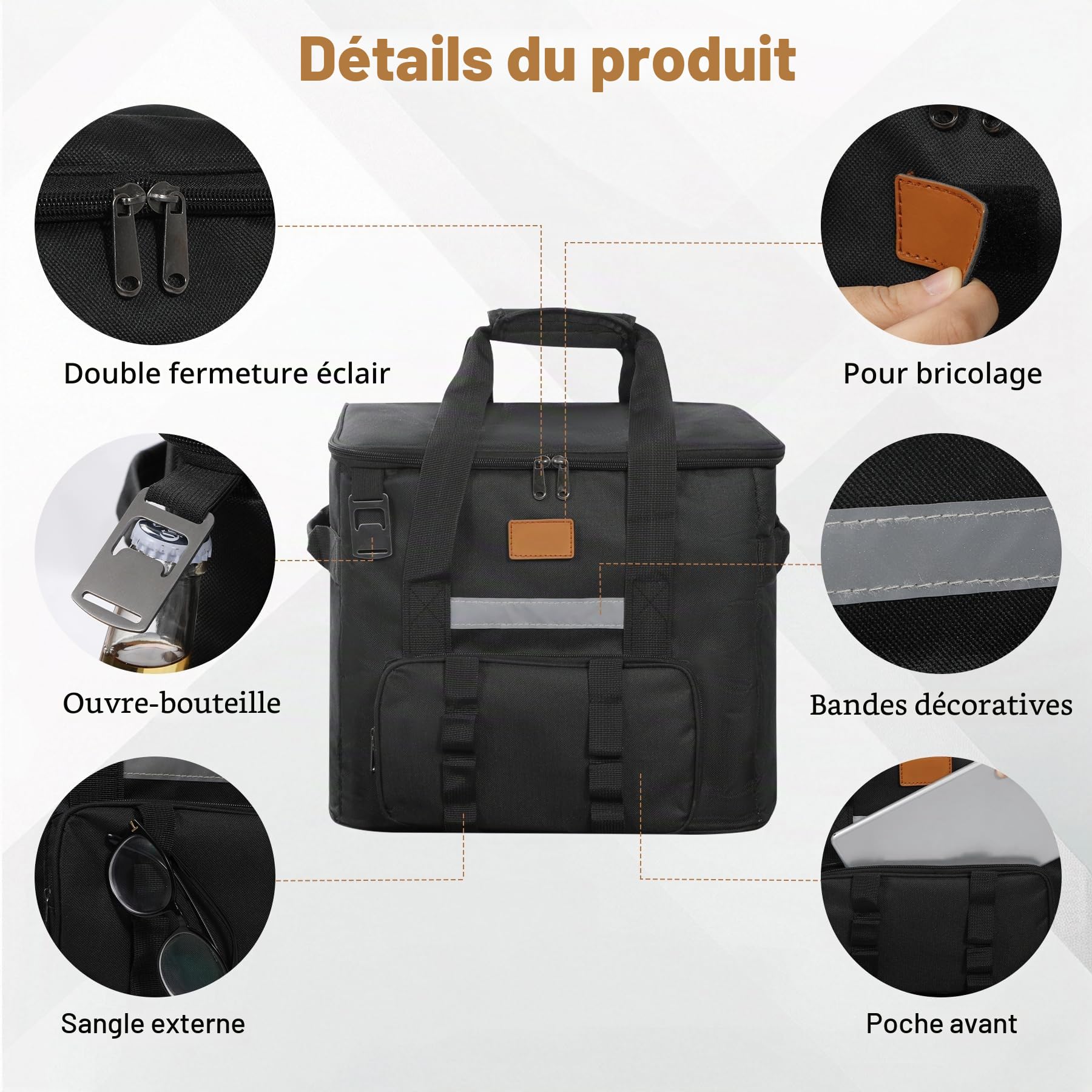 REDCAMP Grand sac isotherme de 40 l avec poche avant et décapsuleur, sac isotherme XL étanche pour l'extérieur, le camping, le transport des aliments, noir
