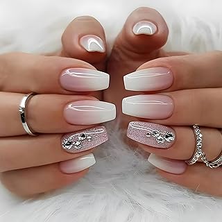 24 Stück Press on Nails Mittellang, Rosa Weiß Gradient Eckig French Künstliche Nägel, Acryl Full Cover Nägel Zum Aufkleben mit Glitzer Strass, Fingernägel Kunstnägel Fake Nails für Frauen & Mädchen