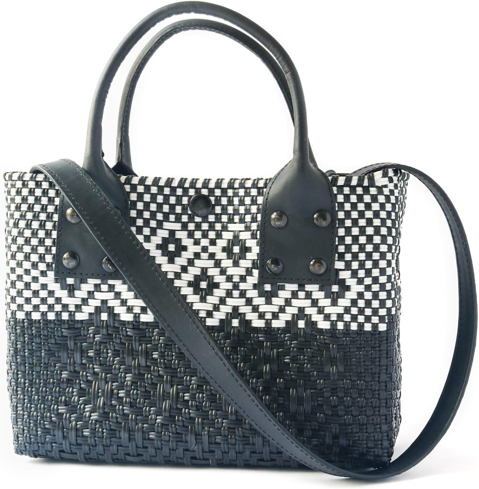 Tin Marin Mini Crossbody Bag - Black Leather Handles & Shoulder Strap, Handwoven Plastic Bag, Mexican Plastic Woven Bag, Summer Bag