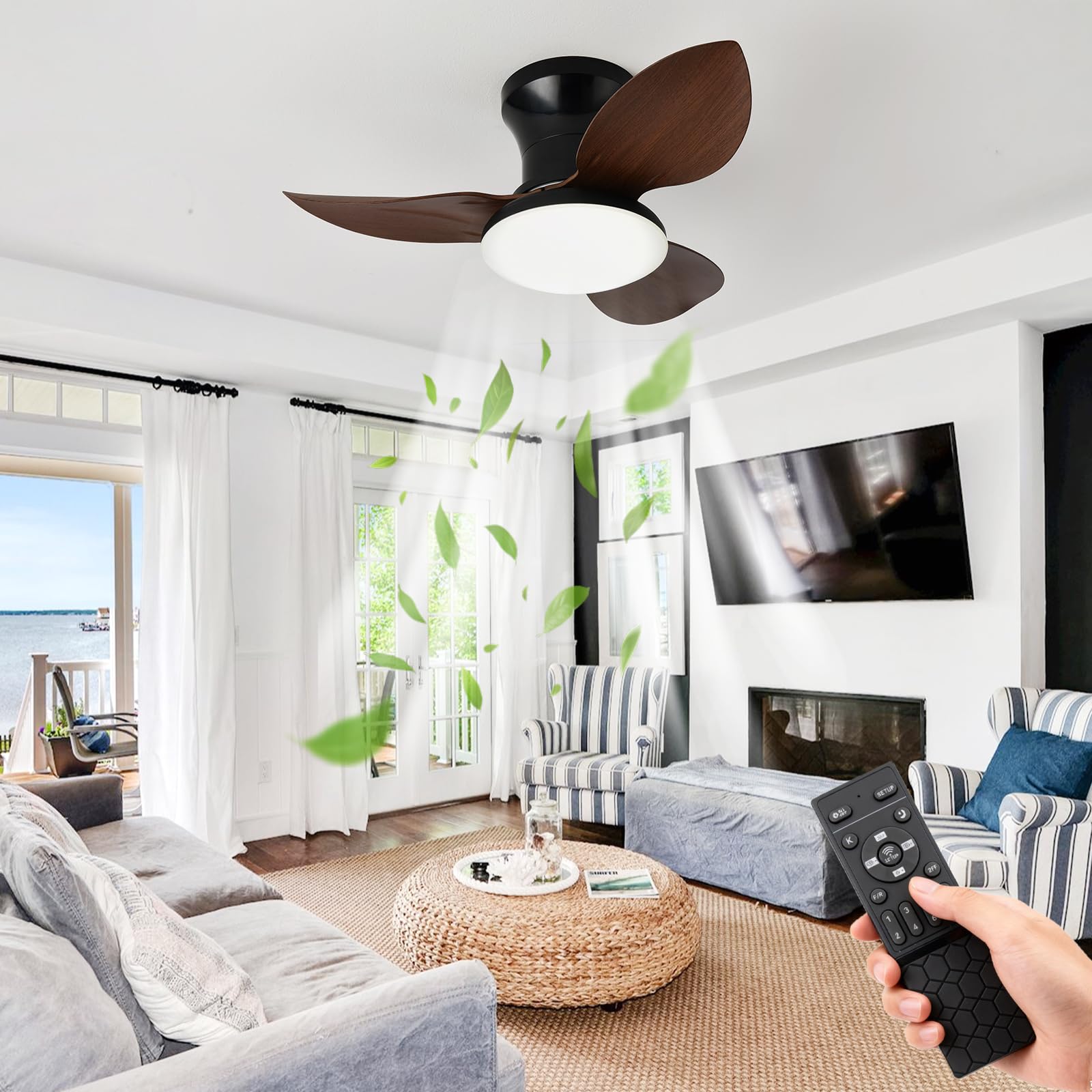 SXDMOUBK 65cm LED Ceiling Fan Quiet Remote Control Dimmable Modern Design 3 Speeds Easy Operation Ideal for Bedroom Kids Room Classic Style