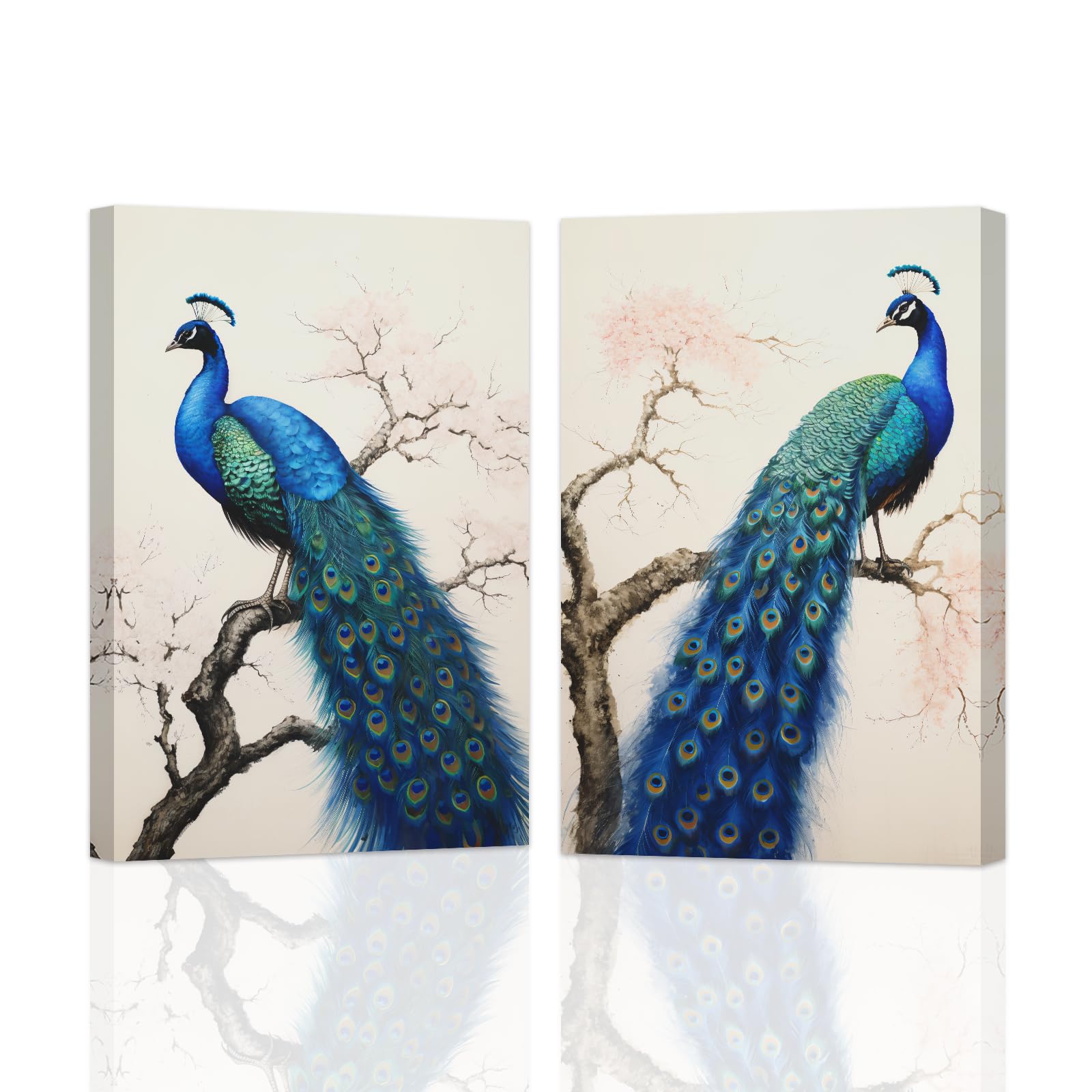 ZXHYWYM Peacock Wall Art 2 Pieces Blue Peacock with Flower Canvas Print Elegant Peacock Pictures Beautiful Birds Painting for Home Decor Frame (