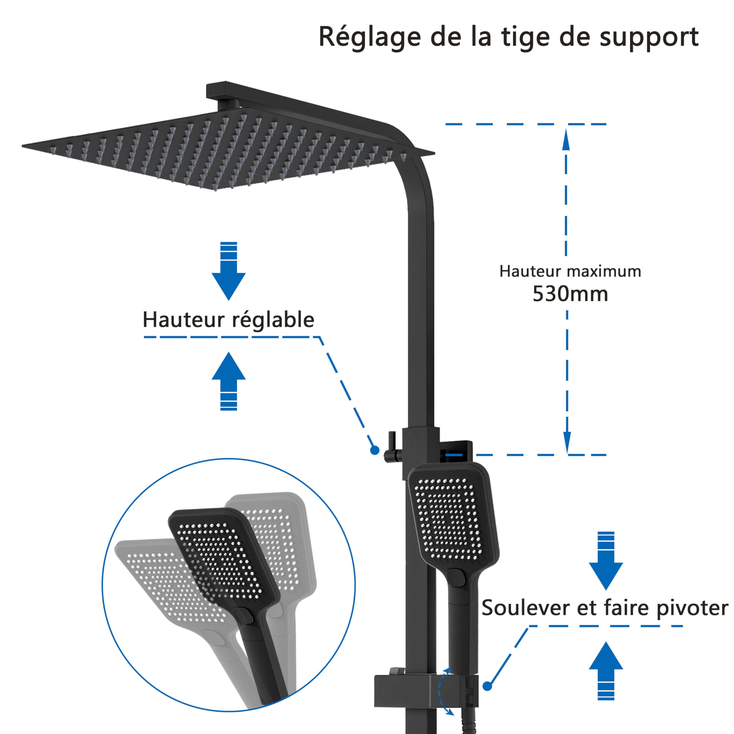 AICA Ensemble de Colonne de Douche Thermostatique pour Salle de Bain, avec pommeau de douche 30x30 cm,Robinet de Douche Thermostatique, Laiton, Chromé, Hauteur Réglable 725 mm-1175 mm (Carré 2)