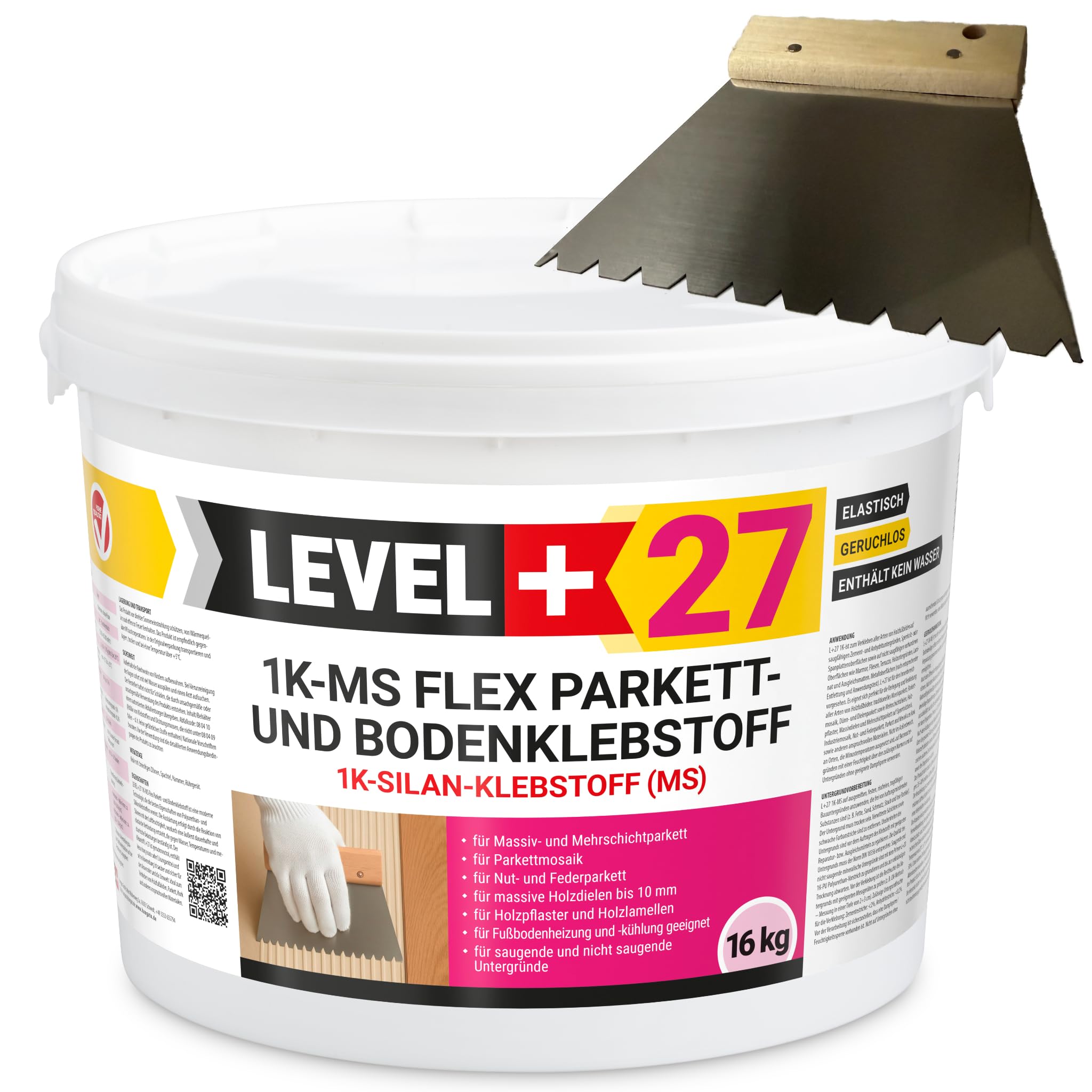 LEVEL+27 Colla per parquet + spatola dentale B11, colla Flex Silan 1K-MS 16 kg per parquet, sughero e pavimenti in legno