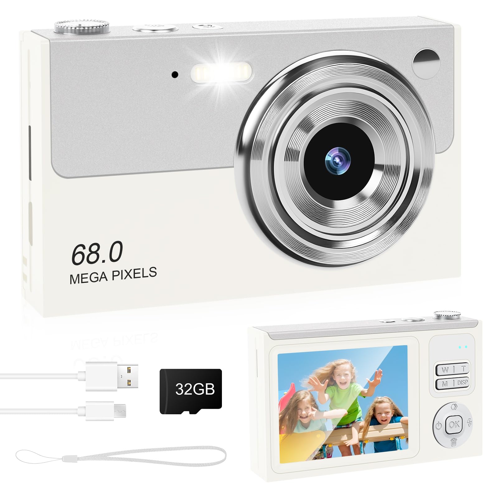 Digital Camera - 68MP Autofocus with 2.8" LCD Screen 16X Digital Zoom Anti-Shake Photography Vlogging Compact Photo Camera with 32gb SD Card for Kids Students Beginners Teens (White+Silver)