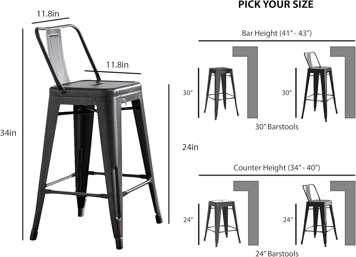 AC Pacific 24” Metal Barstool Set of 2 – Country Rustic Style with Low Back, Lightweight & Sturdy Build, Easy Assembly – Distressed Ebony Black