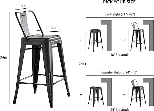 Miniatura 46 de Taburetes industriales modernos de metal con respaldo y 4 patas para barras, marca AC Pacific (juego de 2 unidades), Metal, Negro gastado Negro