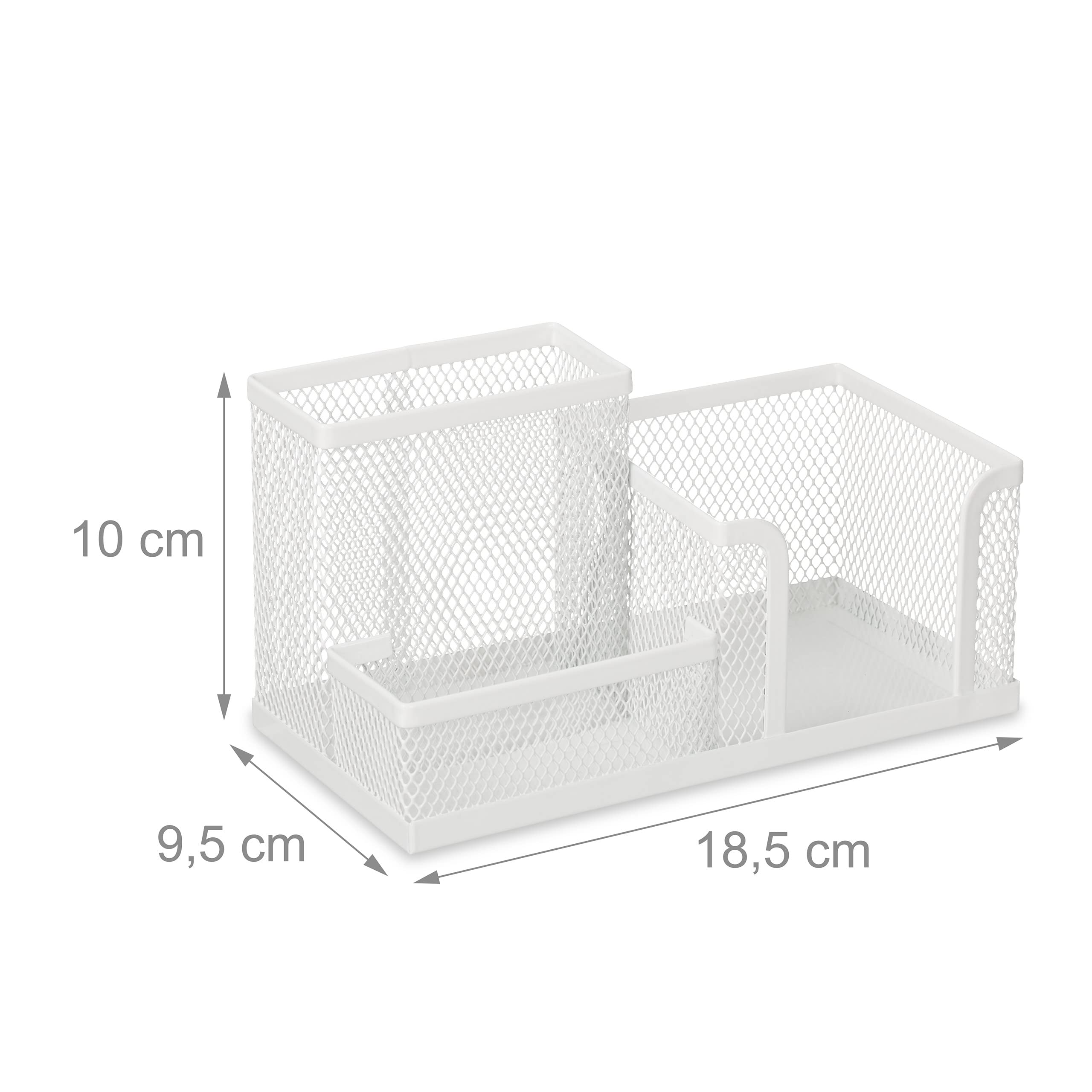 Relaxdays Organizer na biurko, 3 przegródki, wzornictwo z siateczki, wys. x szer. x gł.: 10 x 18,5 x 9,5 cm, pudełko na karteczki z uchwytem na długopisy, biały
