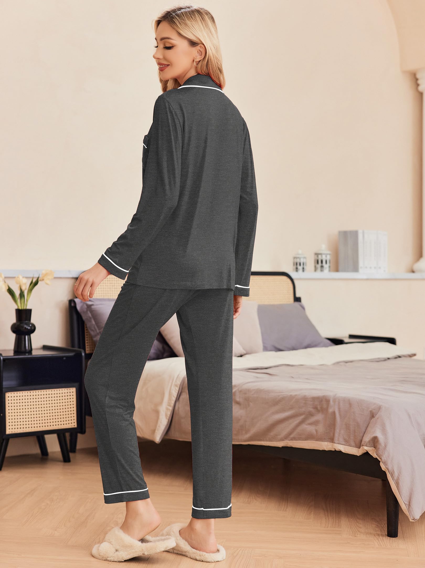 Ekouaer Pigiama Donna Maniche Lunghe Set Pigiama a Due Pezzi con Bottoni Abbigliamento da Notte Morbido Sleepwear Top e Pantaloni Pigiama XS-XXL