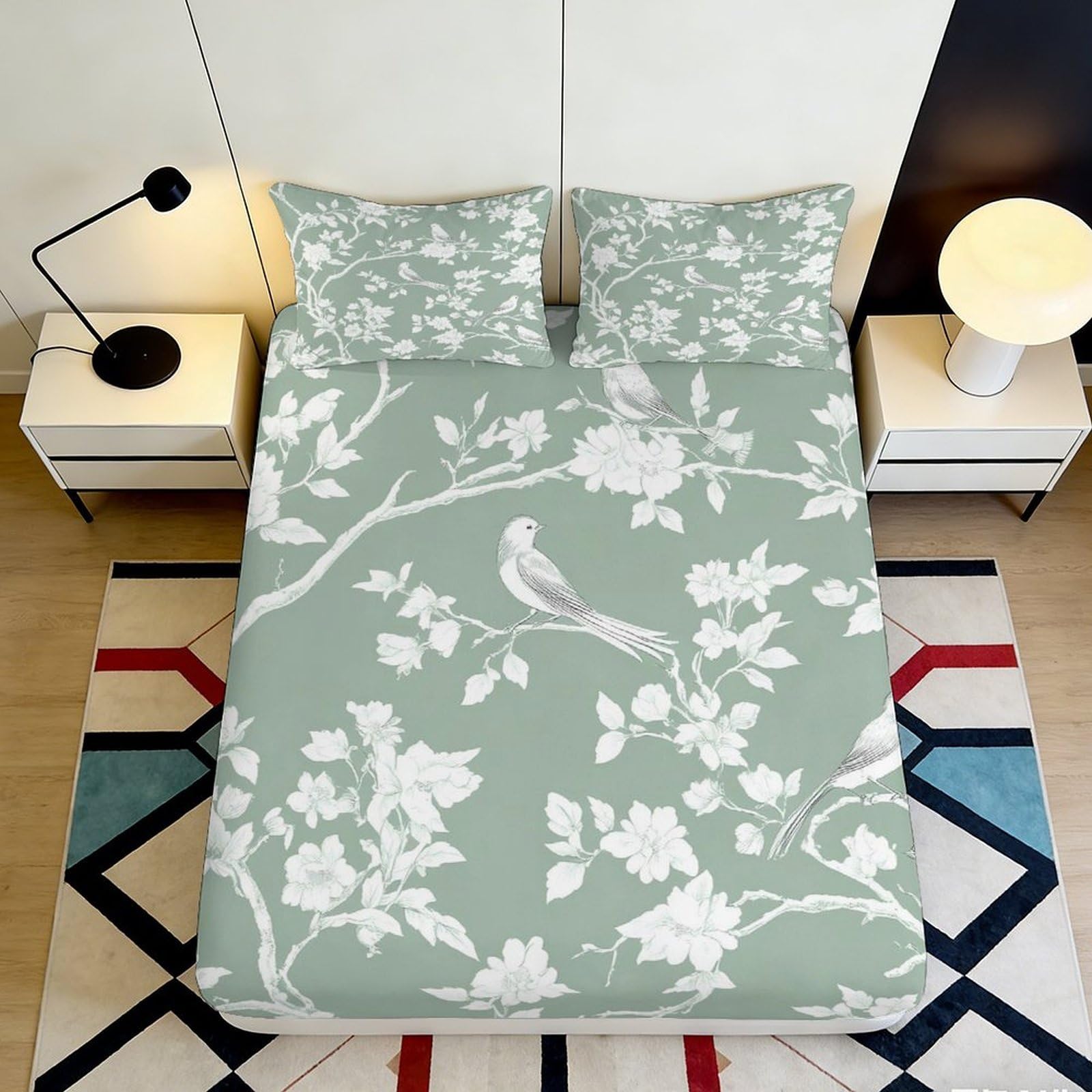 3D Printed Green Botanical Bird Fitted Sheet Microfiber Soft Floral Mattress Cover for Bedroom Dorm Decor 90x200x25cm