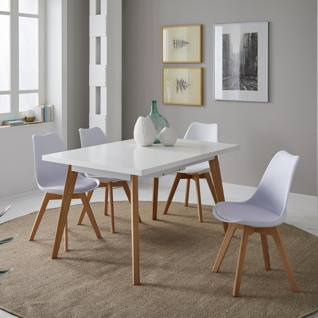 Mesa de Comedor Extensible Blanca Estilo Nórdico con Patas de Madera de Roble – 140/180x90x75 cm – Diseño Moderno y Elegante con Tapa Lacada en MDF