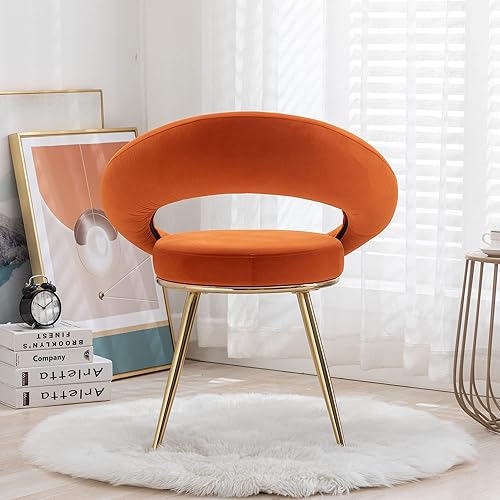 Miniatura 3 de Voohek Silla de descanso moderna de terciopelo naranja taburete de escritorio retro de mediados de siglo con patas de metal cojín suave sillón