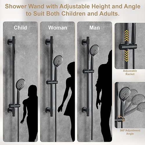 Miniatura 4 de Barra deslizante de ducha ajustable con cabezal de ducha de mano de 5 funciones, combo de barra deslizante de acero inoxidable con manguera